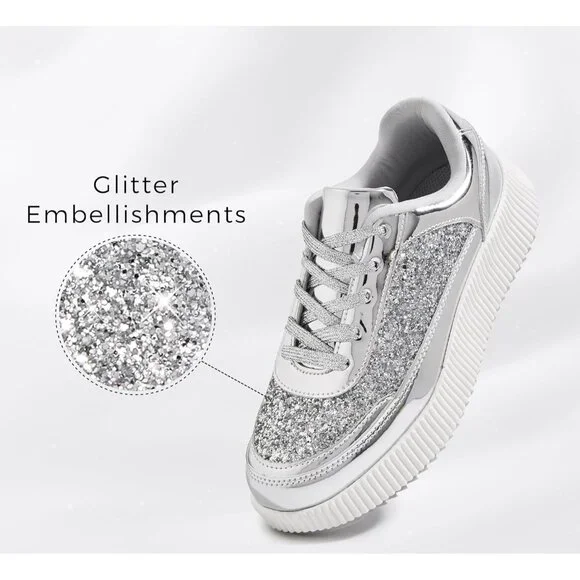 Lucky Step Women's Silver Platform Sneakers Rhinestone Fashion Chunky Shoes - Picture 3 of 9